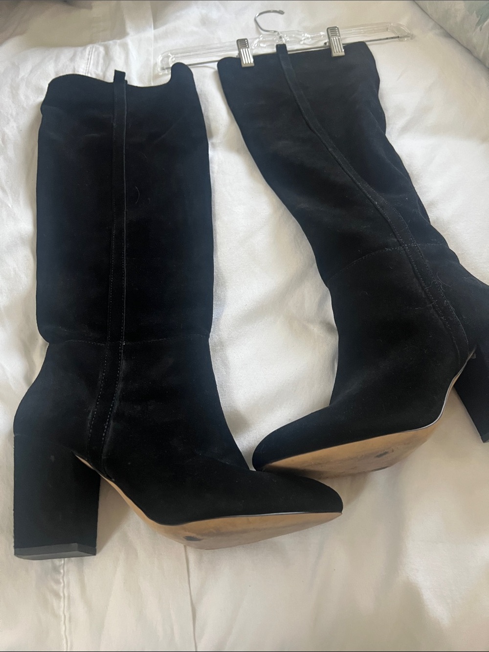 Black Suede Knee-High Block Heel Boots